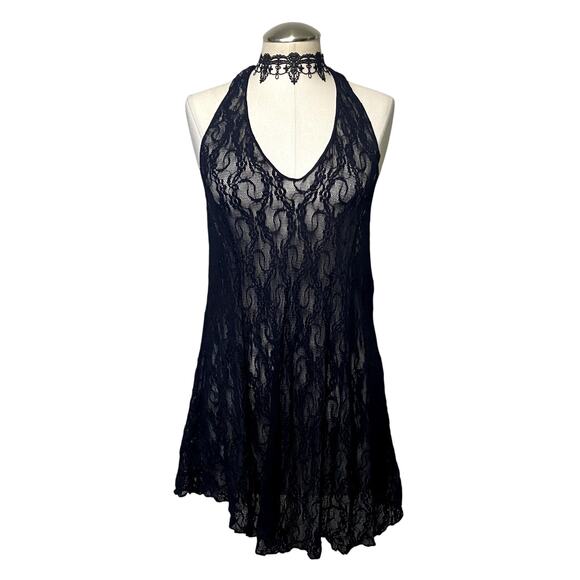 Lace Halter Asymmetrical Mini-Dress Dark Fairy Core Whimsygoth Gothic - Picture 1 of 10